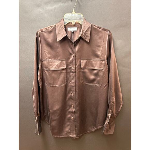 NWT J Crew100% Satin Brown Long Sleeve Blouse Button Down Pockets  Sz Small - Picture 4 of 13